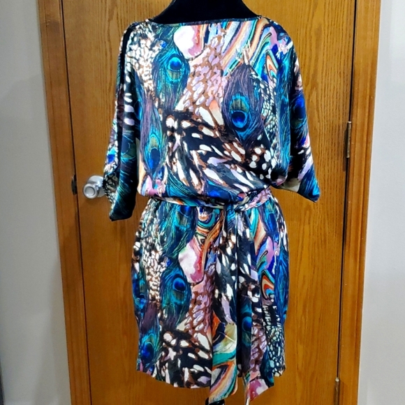 Cache peacock feather pattern jewel tone mini dress split half sleeve - Picture 1 of 7